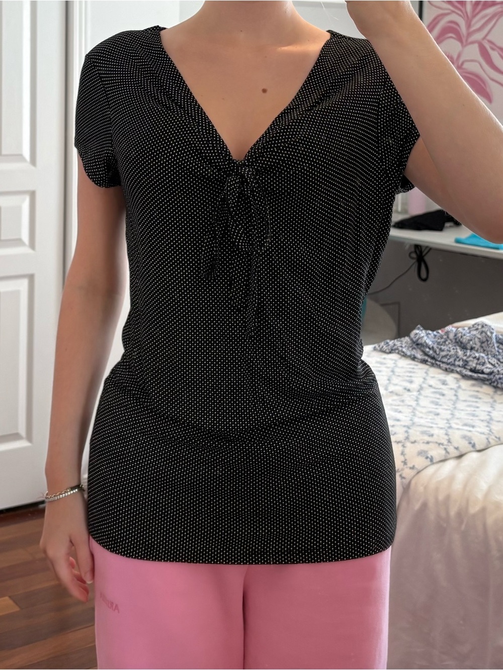 Women’s Black Polka Dot Tie-Front Short Sleeve Top